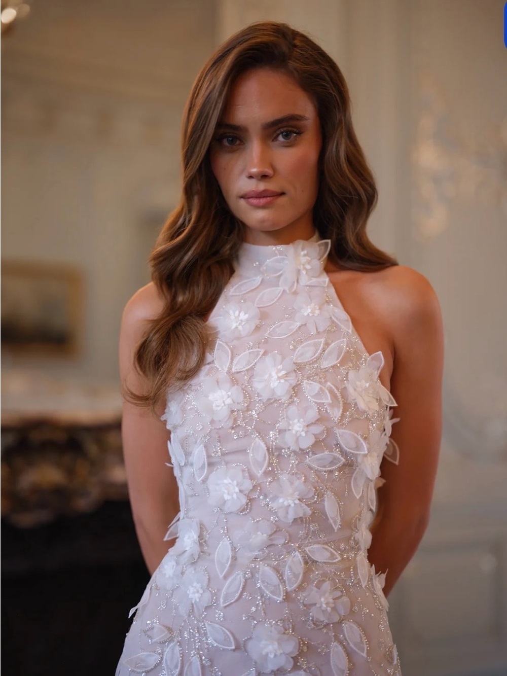 Halter Floral-Appliqué White Maxi Dress - Picture 4 of 8